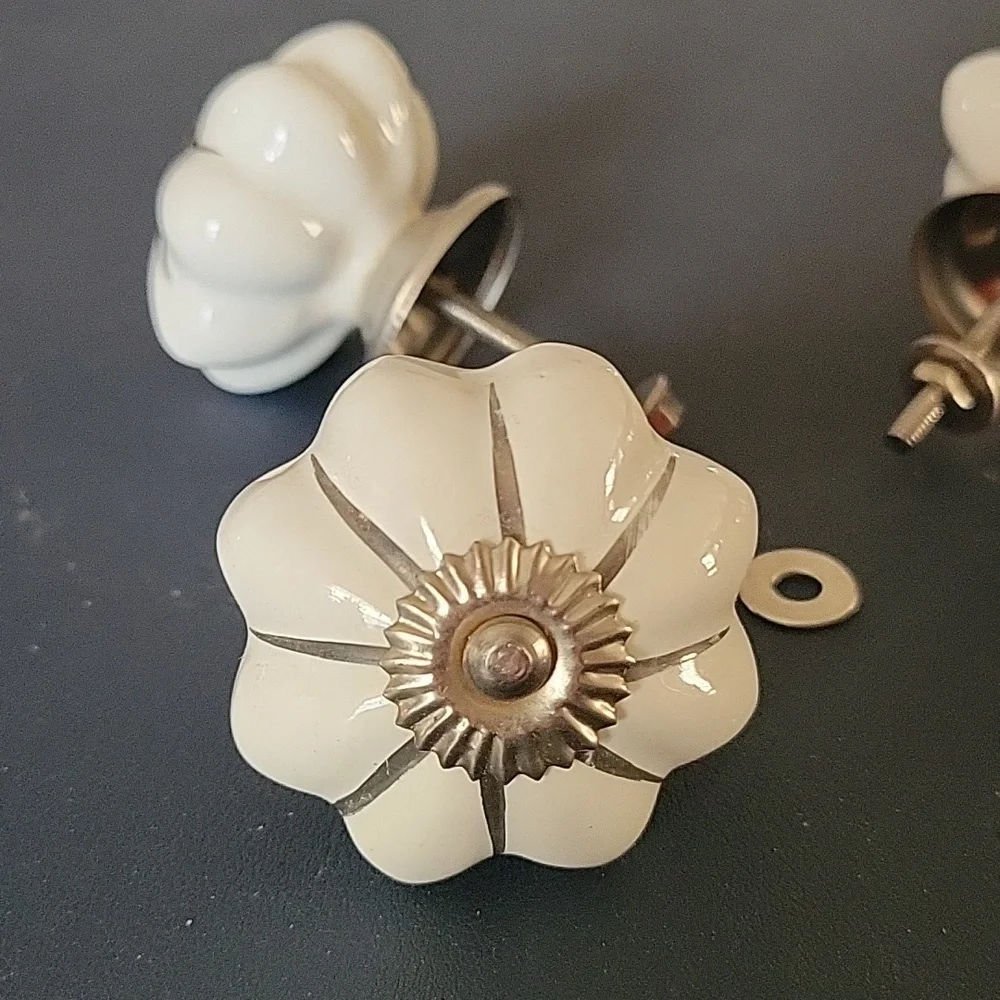 Four (4) White & Silver Draw Knobs